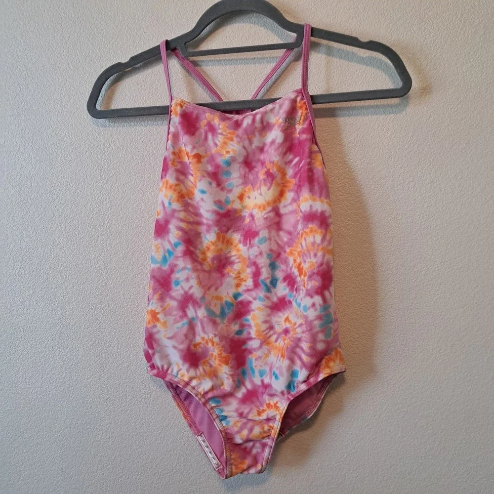 Speedo Girls Pink Orange Tie Dye One Piece Swimsuit Racerback Size Lrg L G 12-14